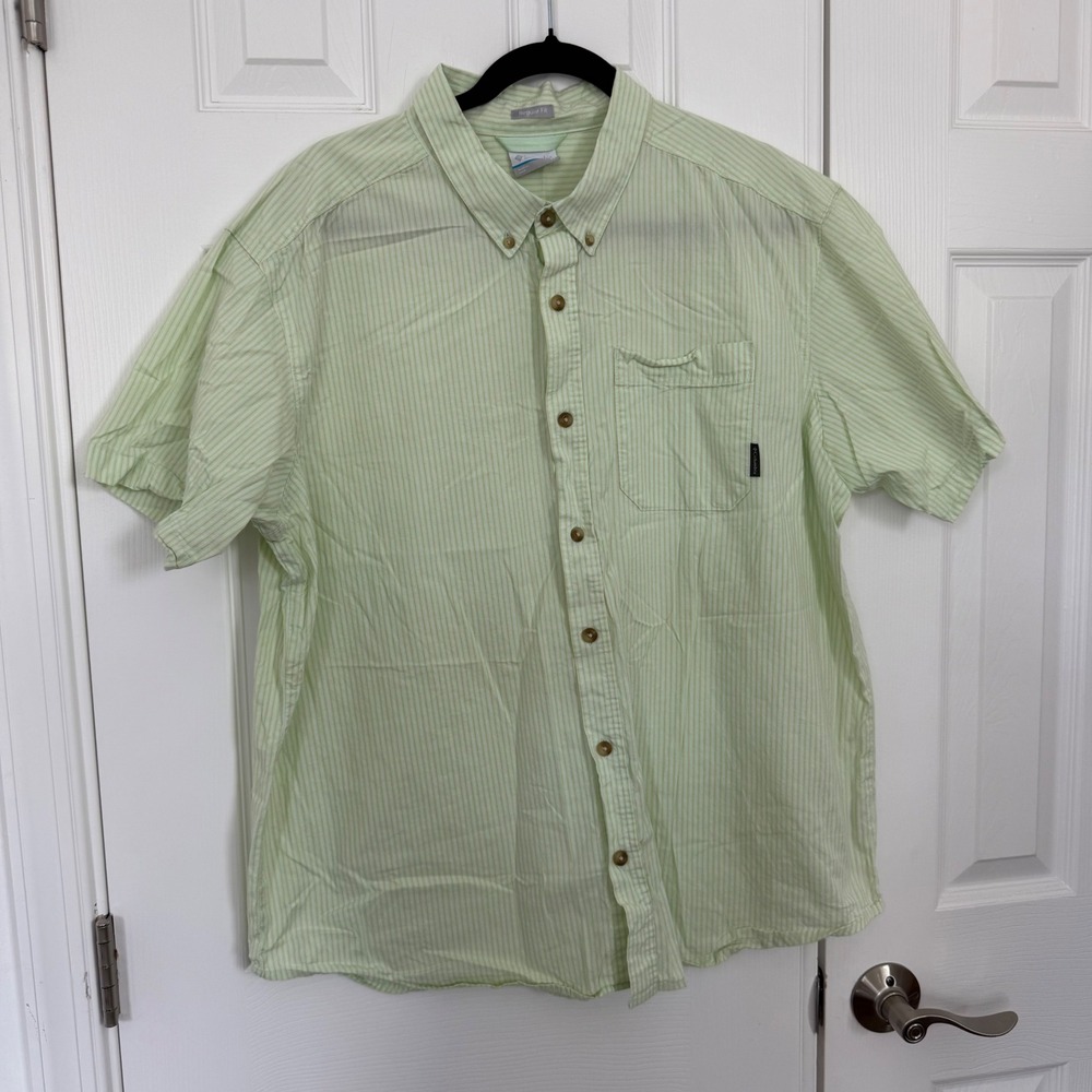 Columbia Regular Fit Short Sleeve Button Down Striped Shirt Green Men's XL EUC